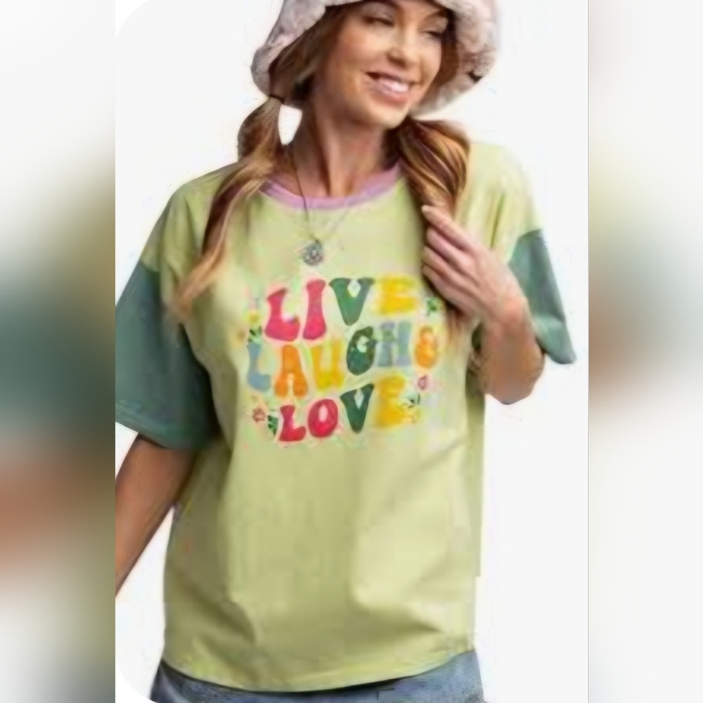 EASEL TSHIRT LIVE LAUGH LOVE SZ L LIME GREEN PURPLE SZ L